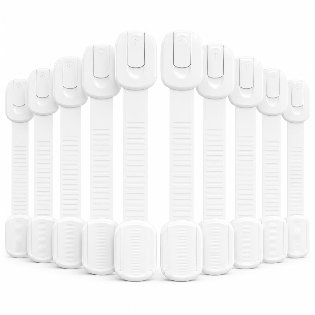 White adhesive strap cabinet locks fitted across a cabinet door