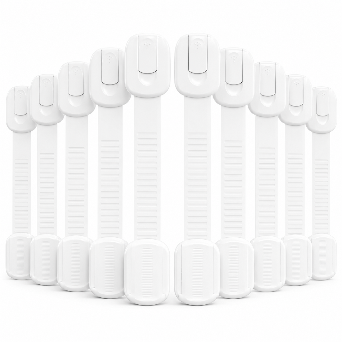 White adhesive strap cabinet locks fitted across a cabinet door