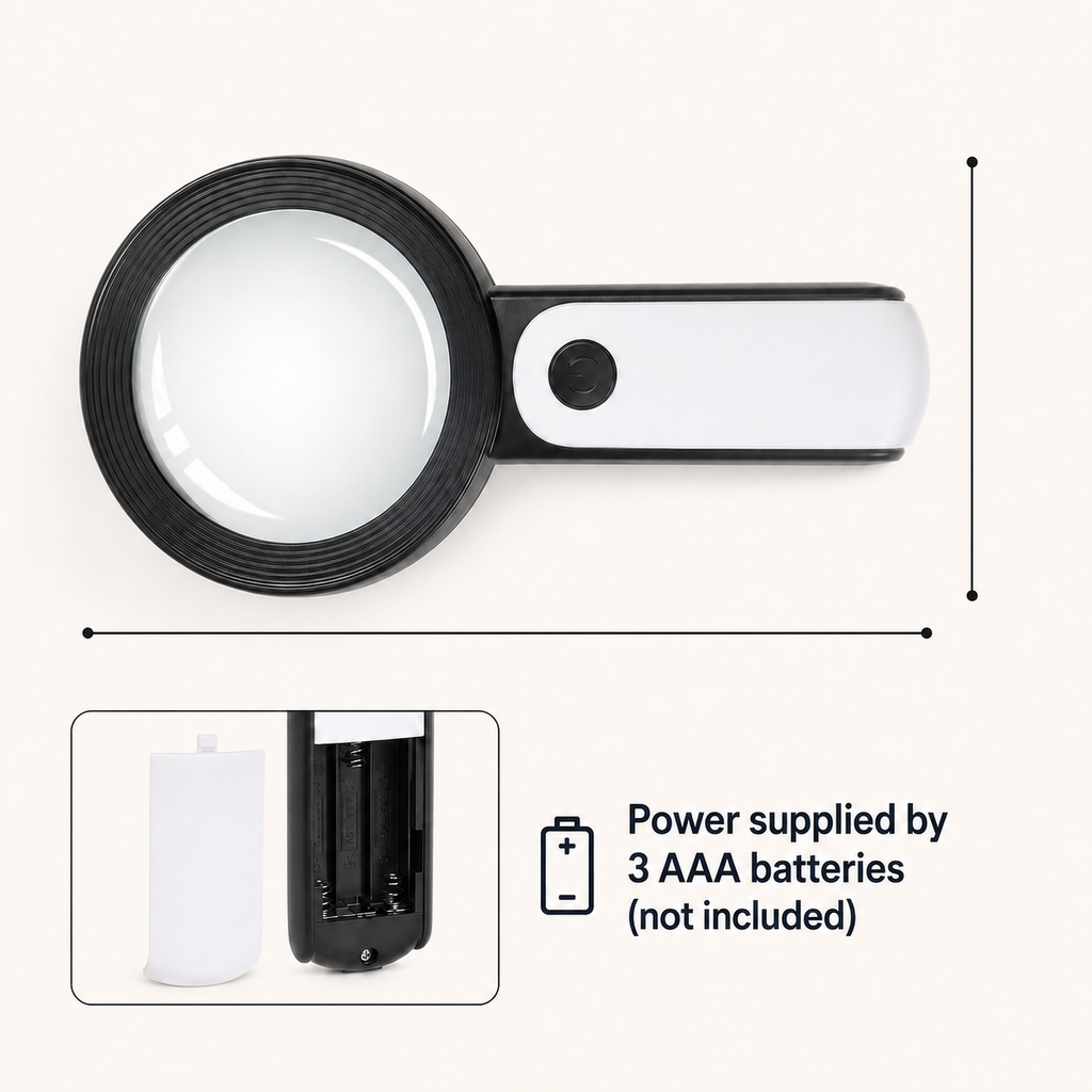 Black handheld magnifying glass with large round lens and white grip panel