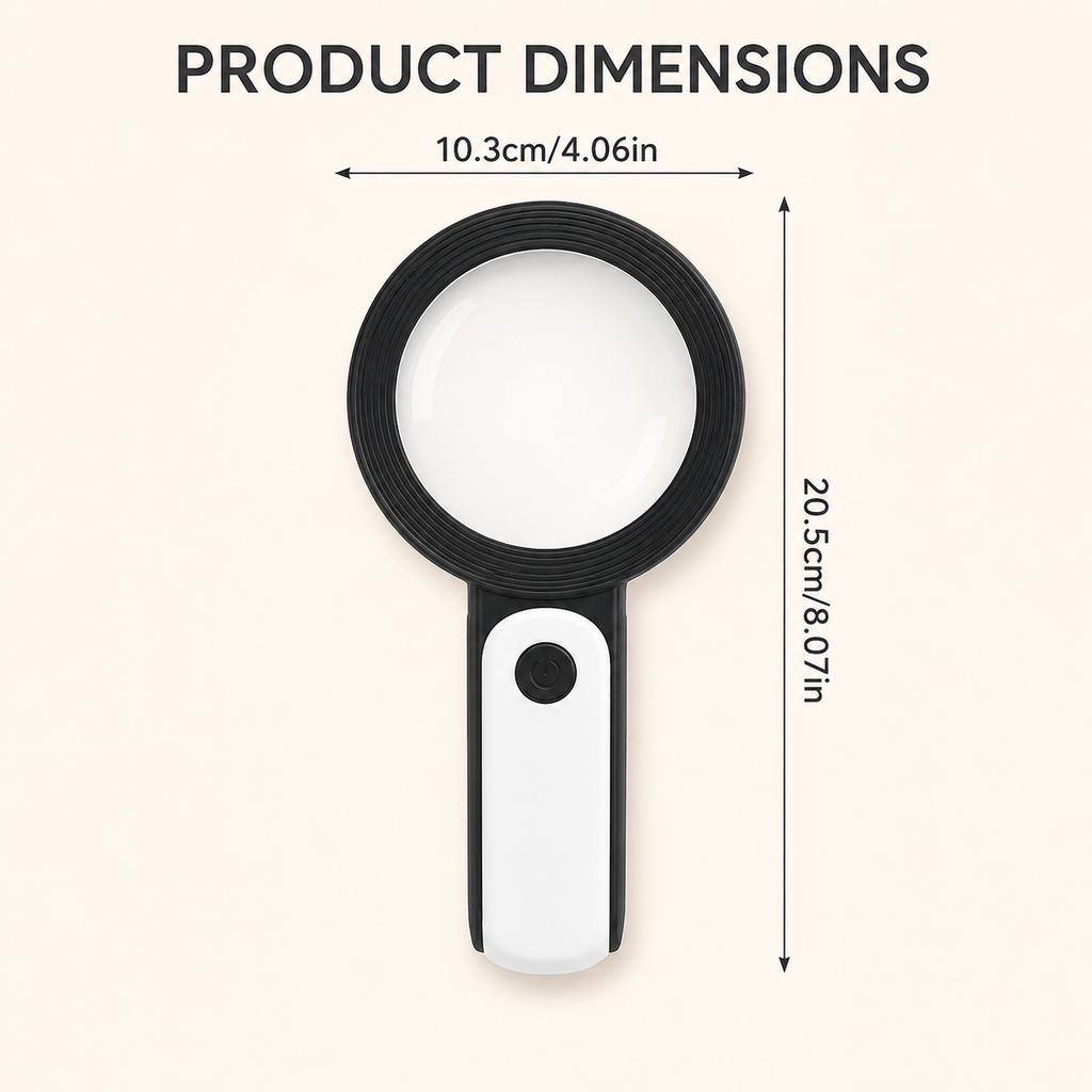Black handheld magnifying glass with large round lens and white grip panel