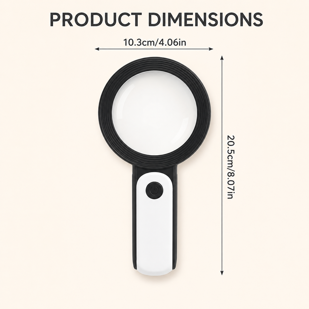 Black handheld magnifying glass with large round lens and white grip panel