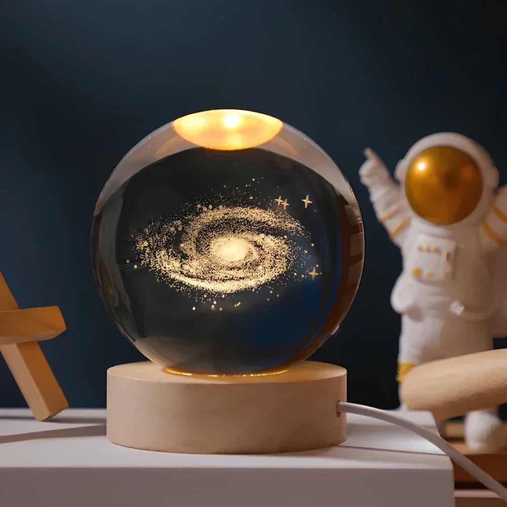 Clear crystal planet ball LED night lamp with wood-effect base