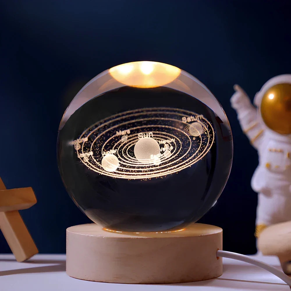 Clear crystal planet ball LED night lamp with wood-effect base