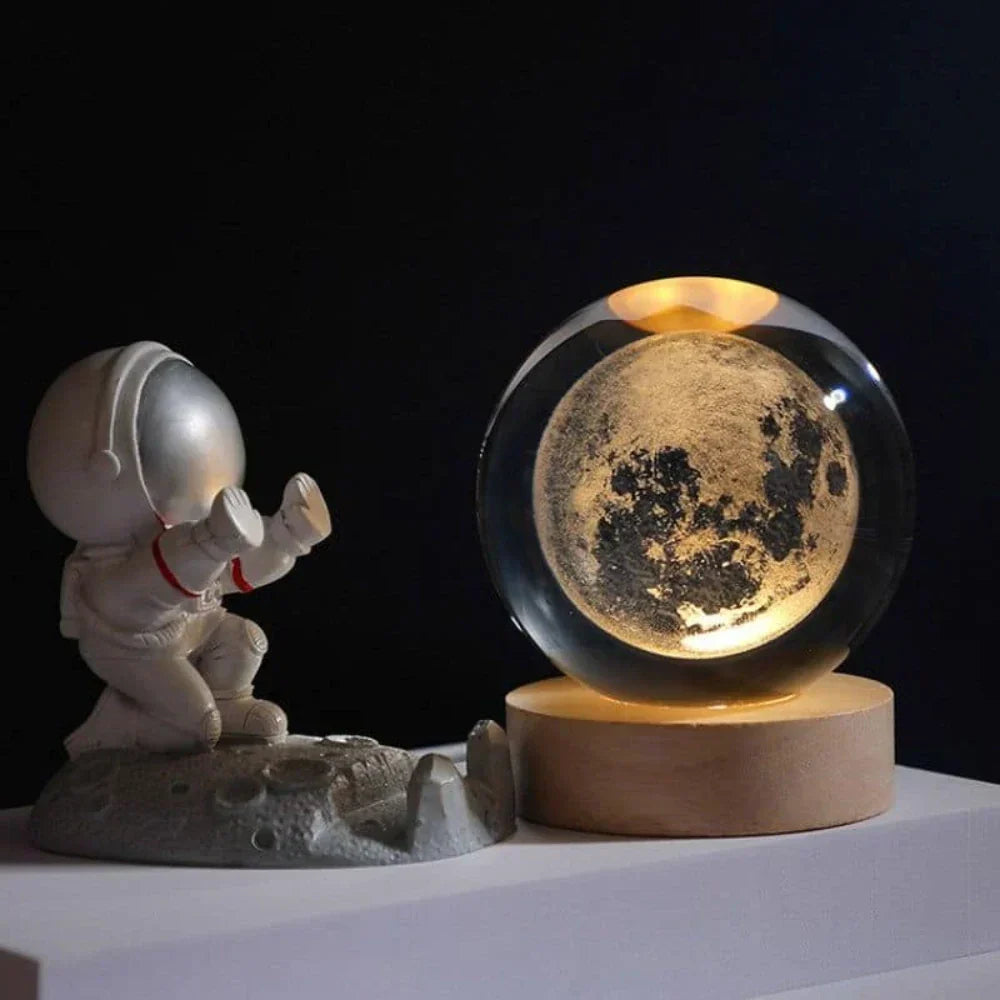Clear crystal planet ball LED night lamp with wood-effect base