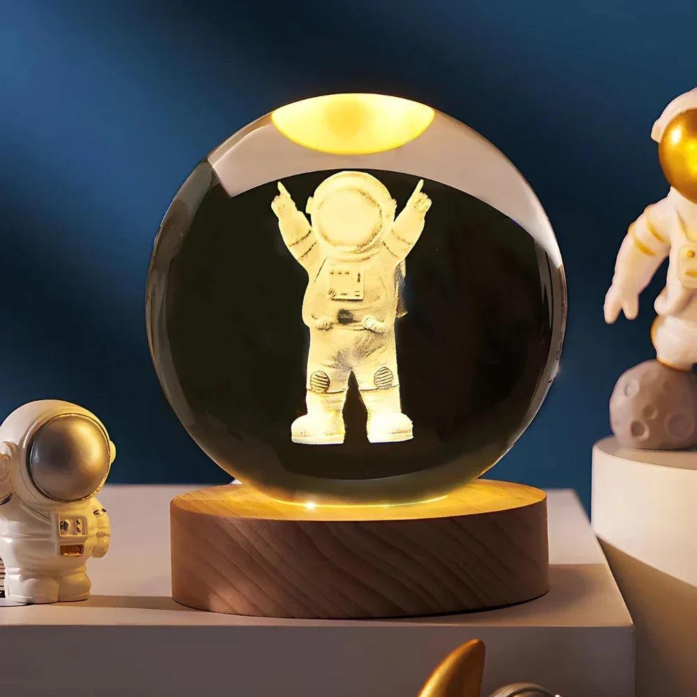 Clear crystal planet ball LED night lamp with wood-effect base