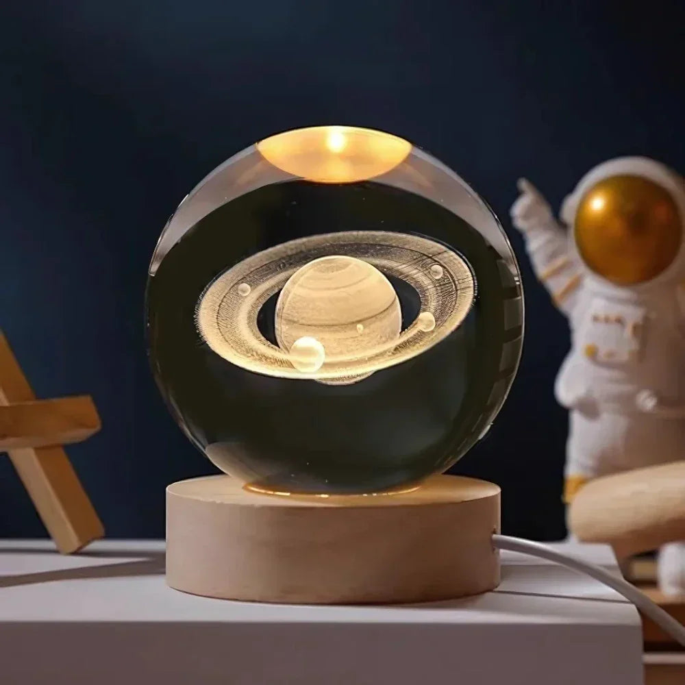 Clear crystal planet ball LED night lamp with wood-effect base