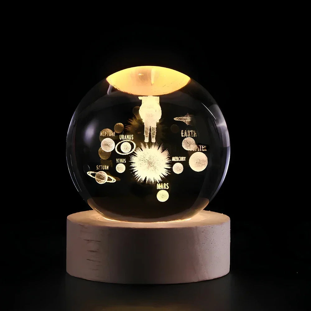 Clear crystal planet ball LED night lamp with wood-effect base