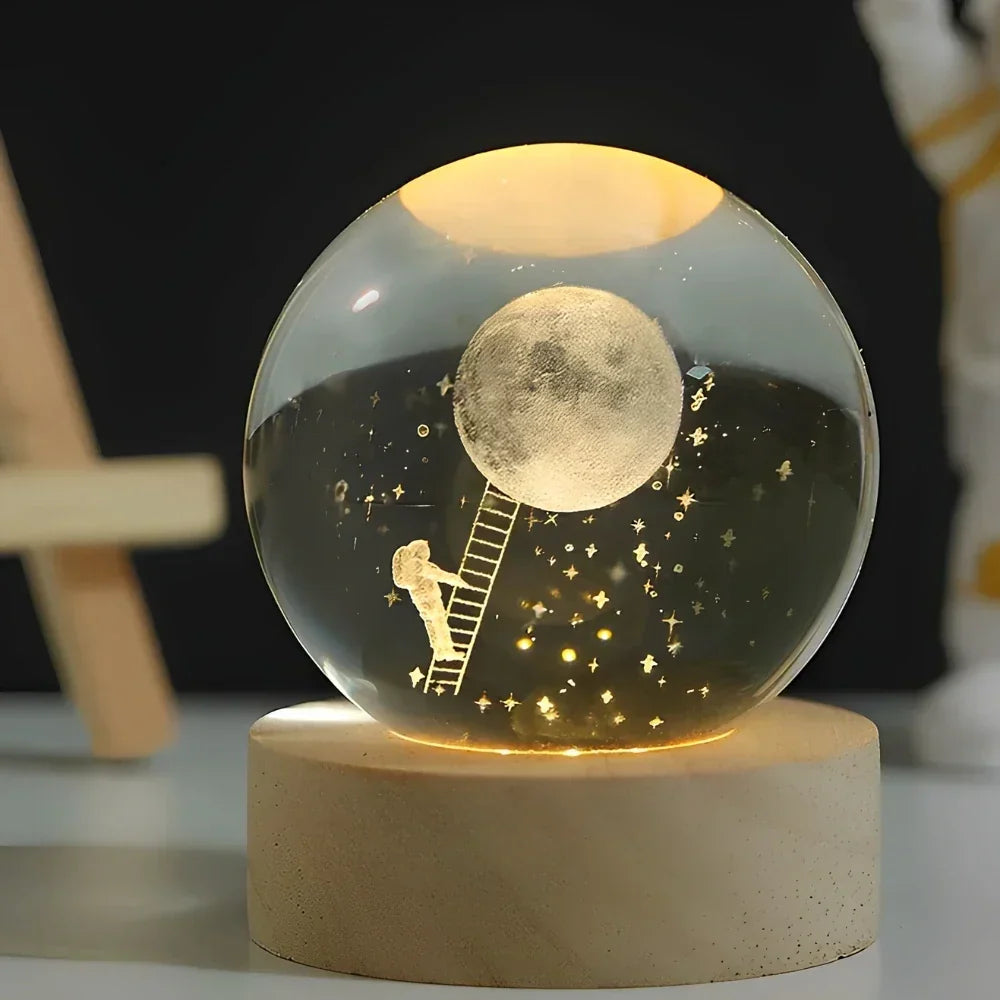 Clear crystal planet ball LED night lamp with wood-effect base
