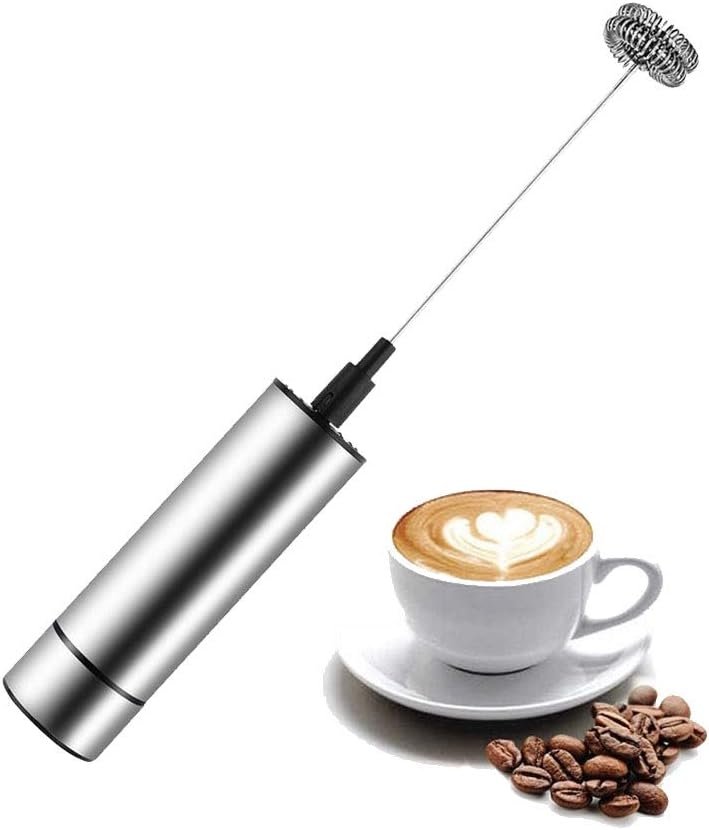 Silver cordless handheld milk frother with whisk head and storage sleeve