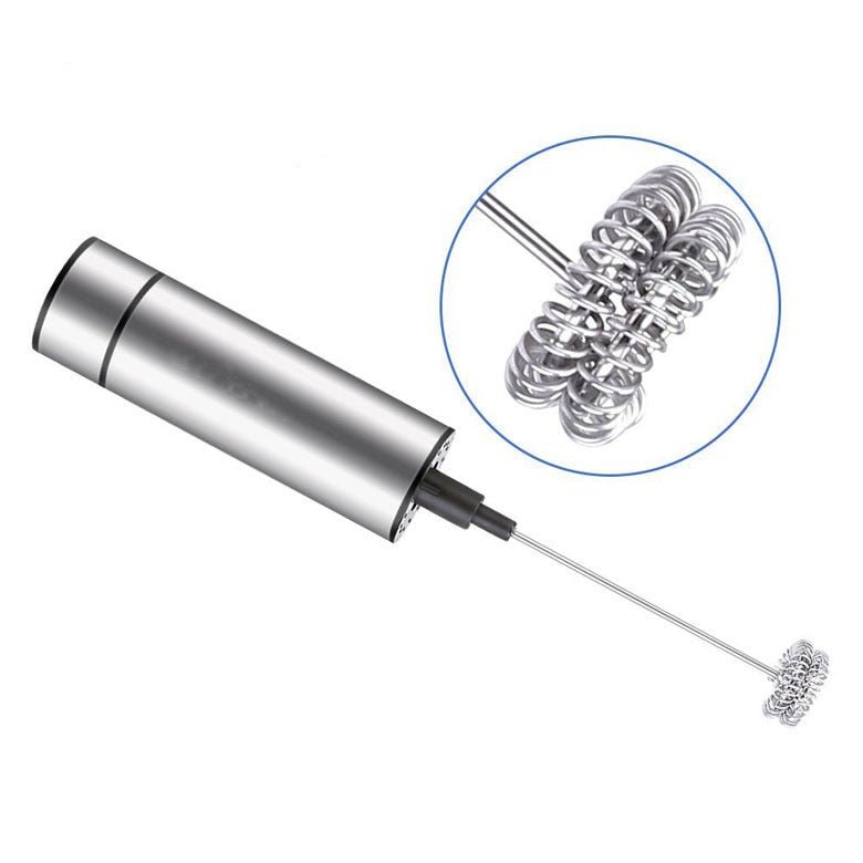 Silver cordless handheld milk frother with whisk head and storage sleeve