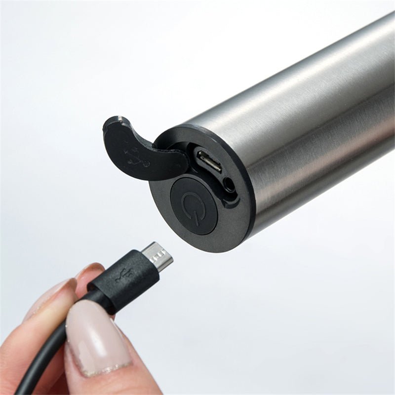 Silver cordless handheld milk frother with whisk head and storage sleeve