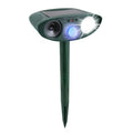 Green solar ultrasonic garden animal repeller with pointed stake and front lights