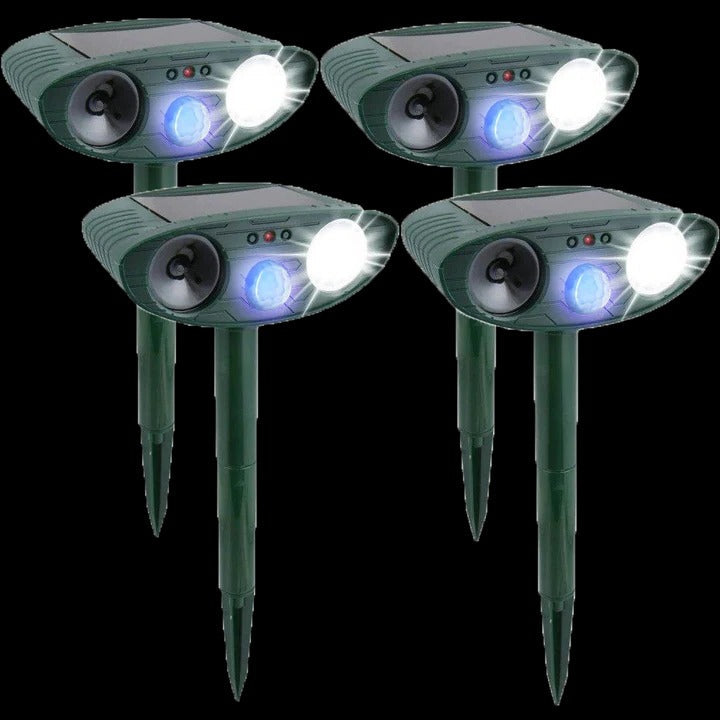Green solar ultrasonic garden animal repeller with pointed stake and front lights