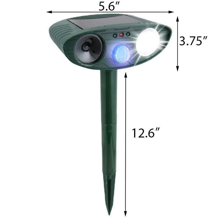 Green solar ultrasonic garden animal repeller with pointed stake and front lights