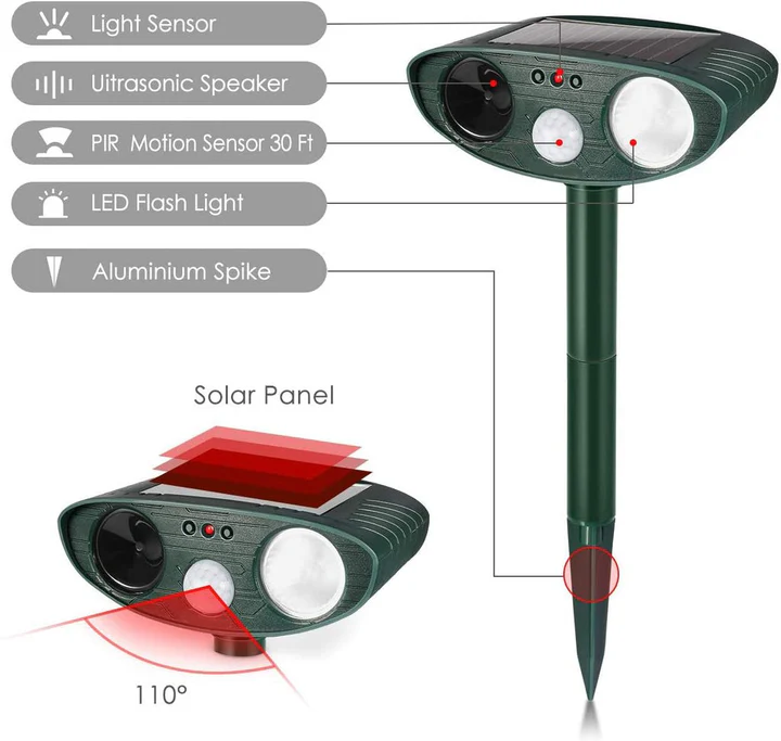 Green solar ultrasonic garden animal repeller with pointed stake and front lights
