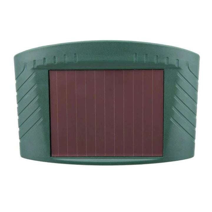 Green solar ultrasonic garden animal repeller with pointed stake and front lights
