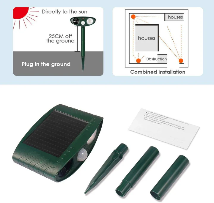 Green solar ultrasonic garden animal repeller with pointed stake and front lights