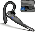 Black wireless Bluetooth headset with ear hook and digital display storage case