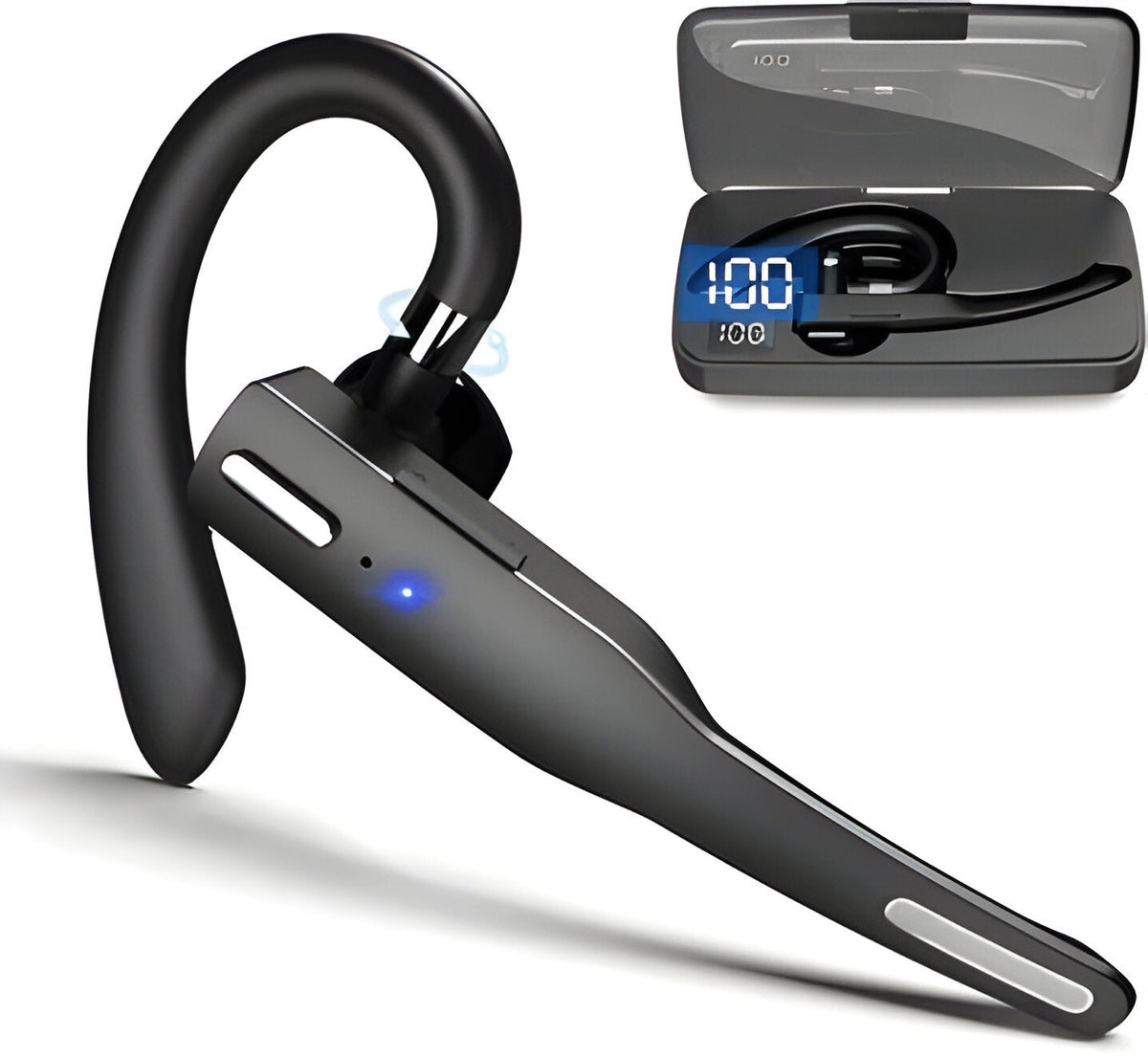 Black wireless Bluetooth headset with ear hook and digital display storage case