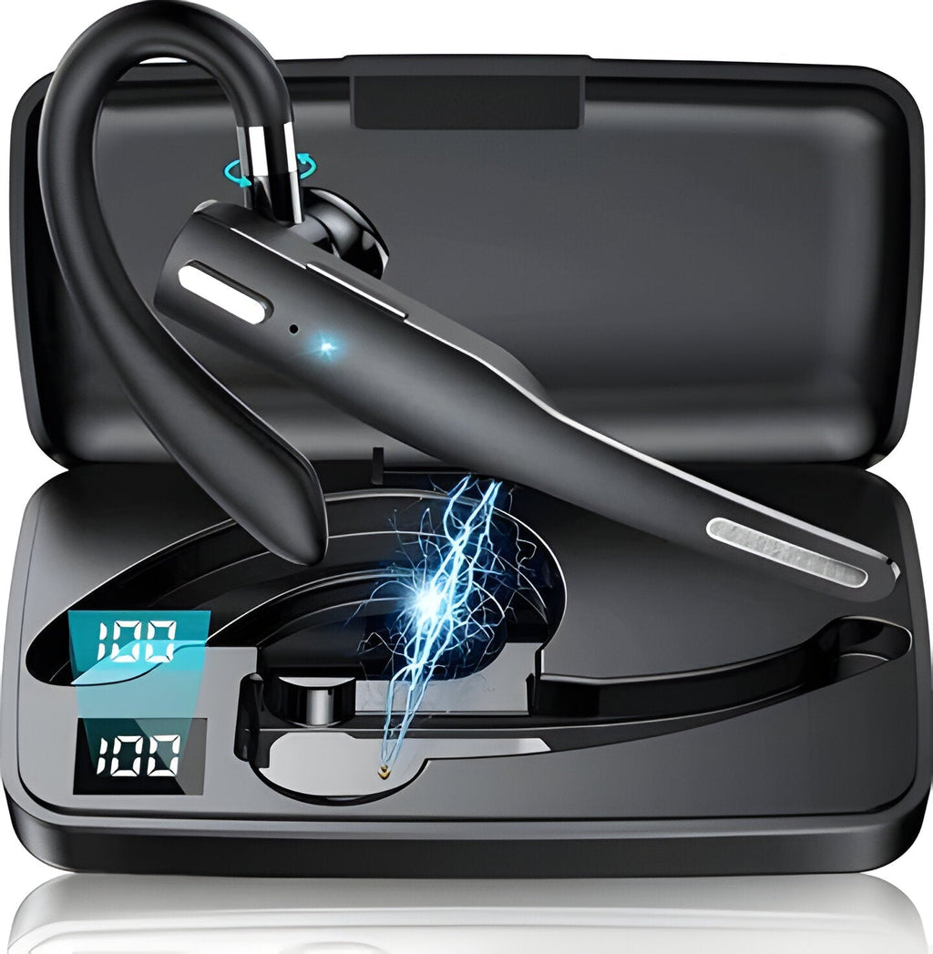 Black wireless Bluetooth headset with ear hook and digital display storage case