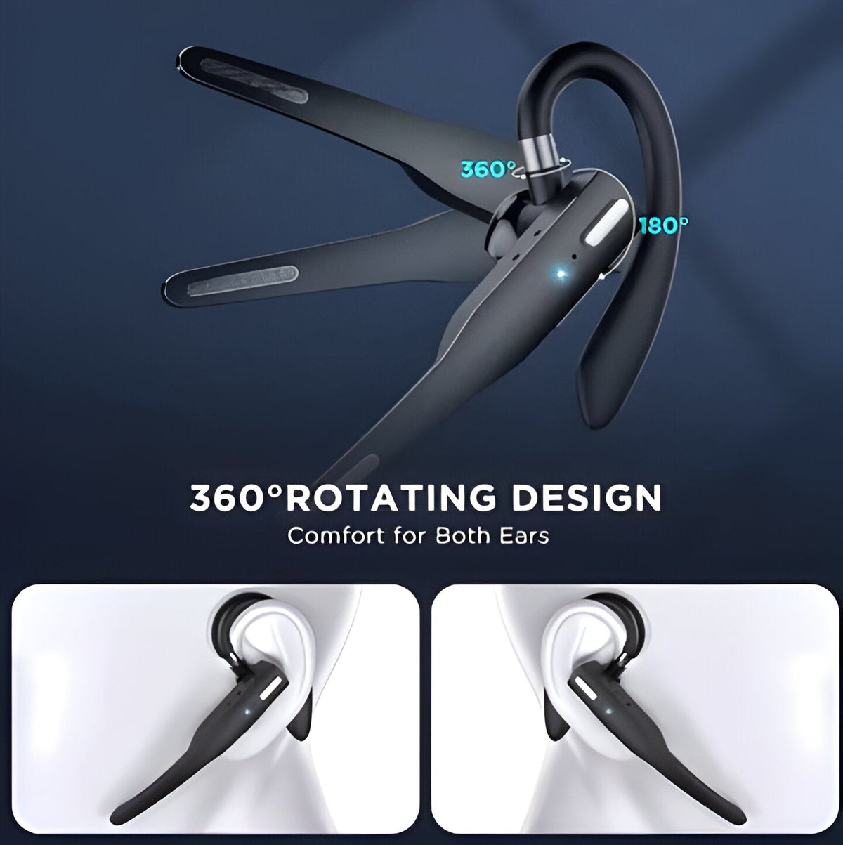 Black wireless Bluetooth headset with ear hook and digital display storage case