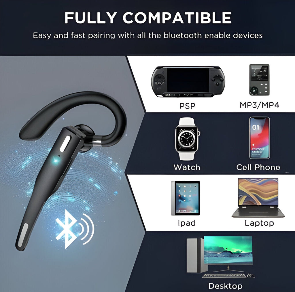 Black wireless Bluetooth headset with ear hook and digital display storage case
