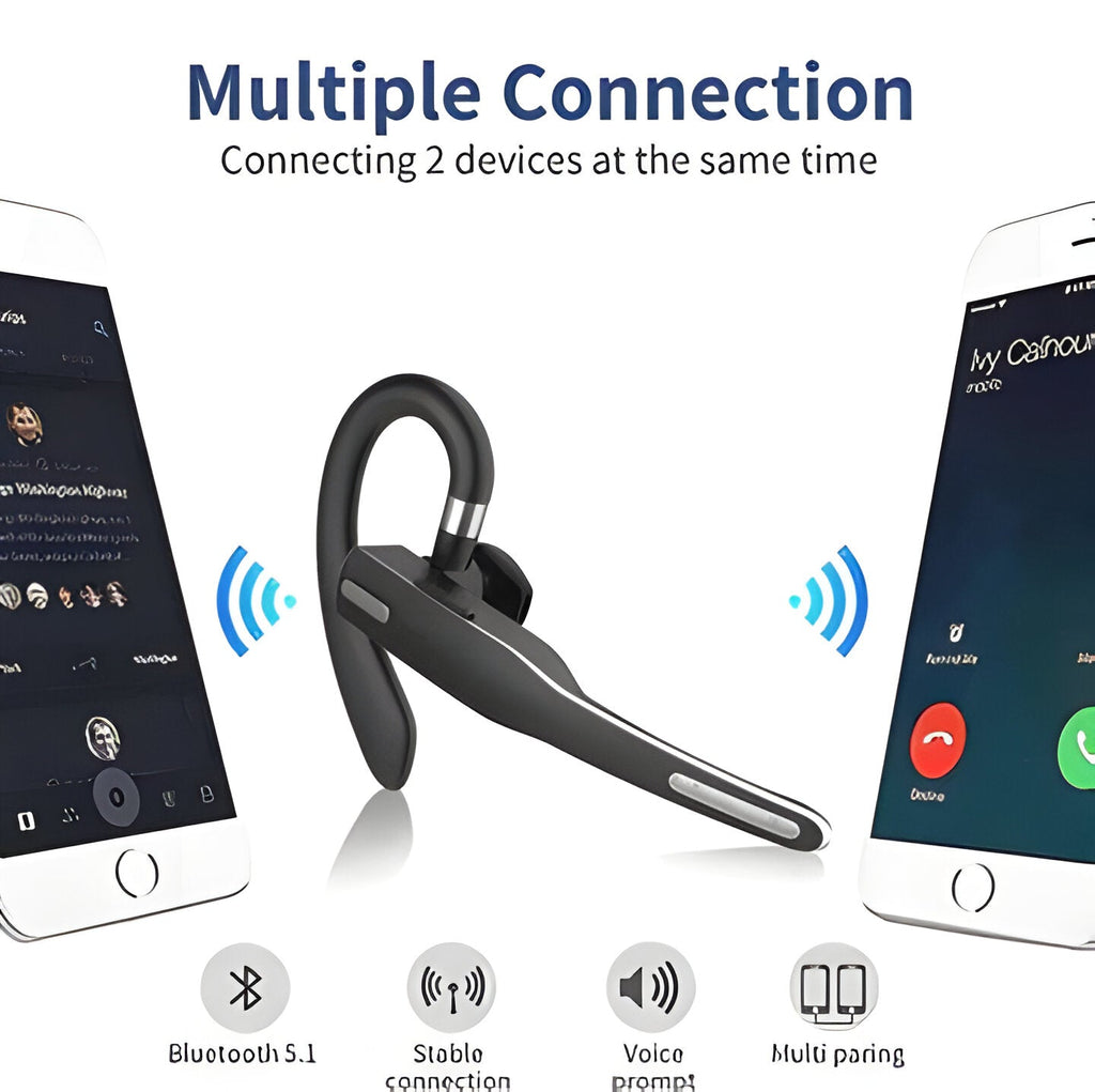 Black wireless Bluetooth headset with ear hook and digital display storage case