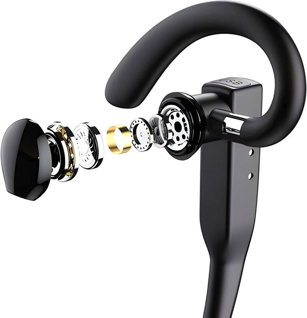 Black wireless Bluetooth headset with ear hook and digital display storage case