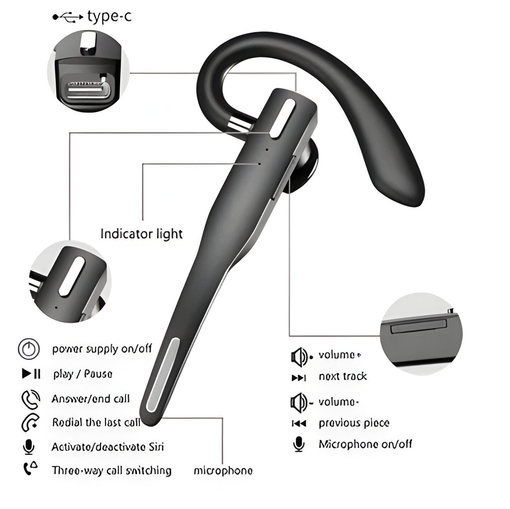 Black wireless Bluetooth headset with ear hook and digital display storage case