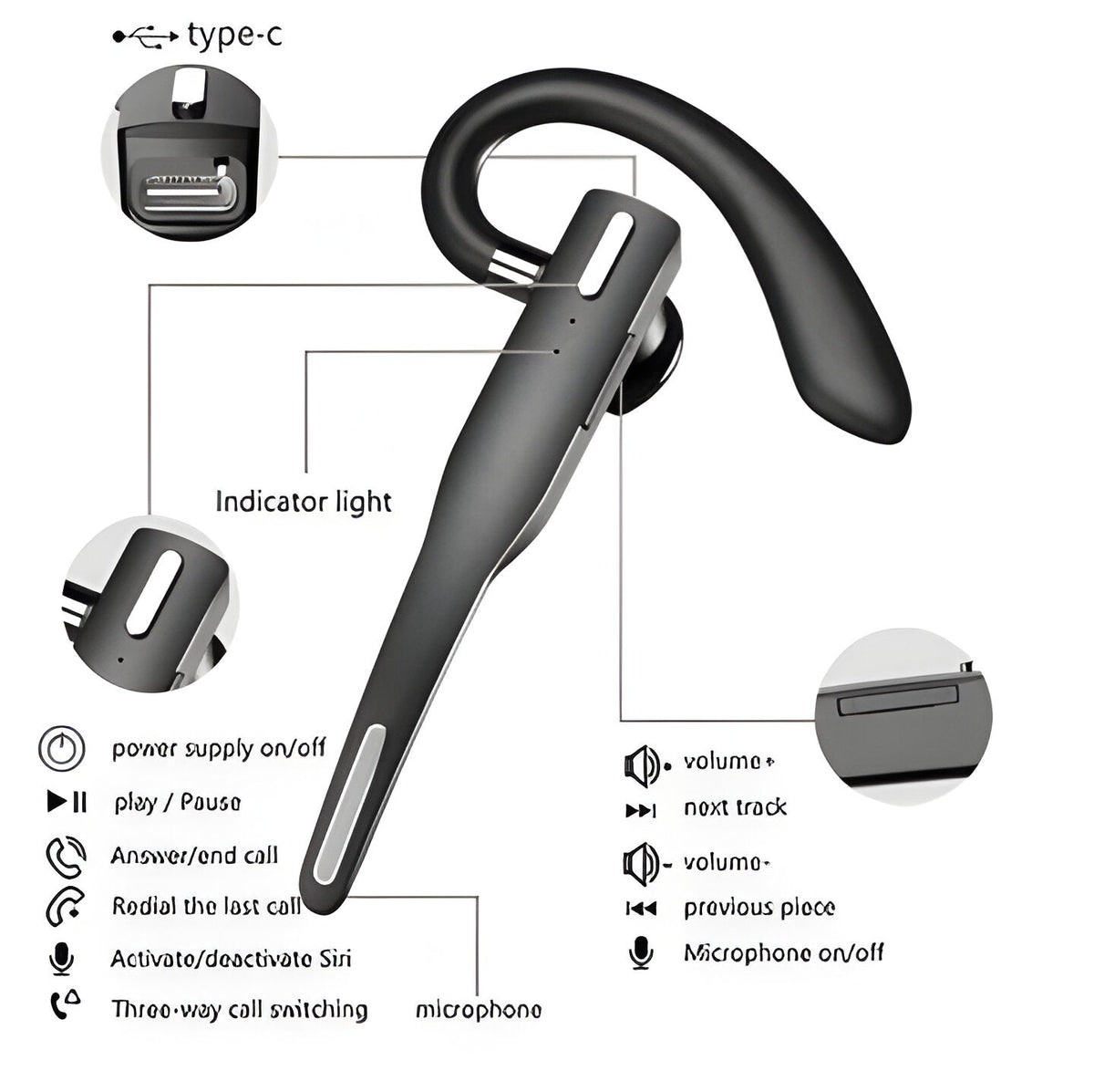 Black wireless Bluetooth headset with ear hook and digital display storage case