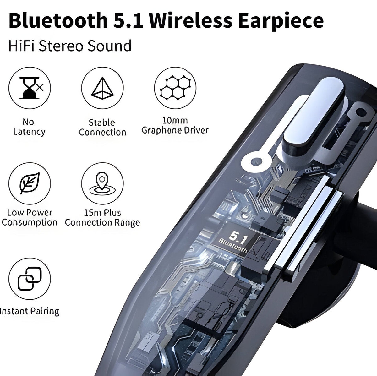 Black wireless Bluetooth headset with ear hook and digital display storage case