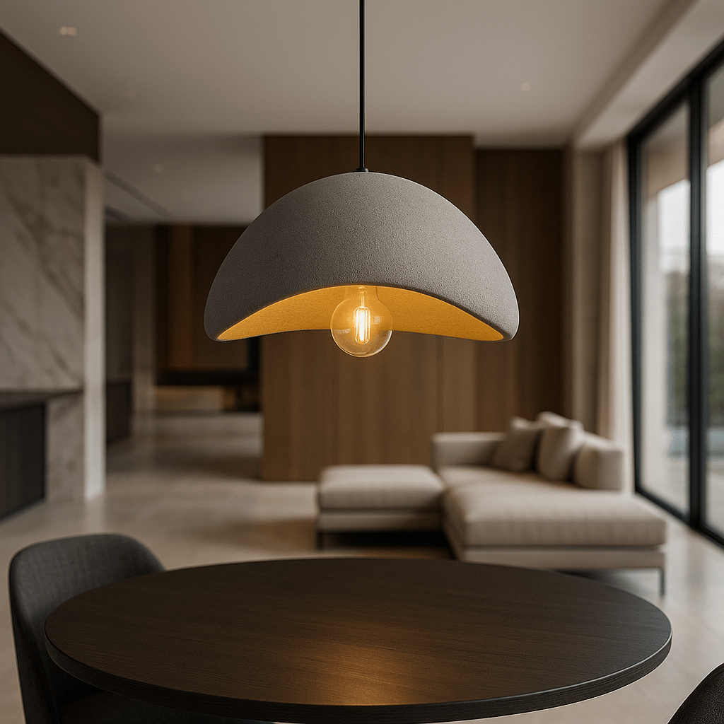 Curved dome pendant light with visible bulb suspended in a modern living room