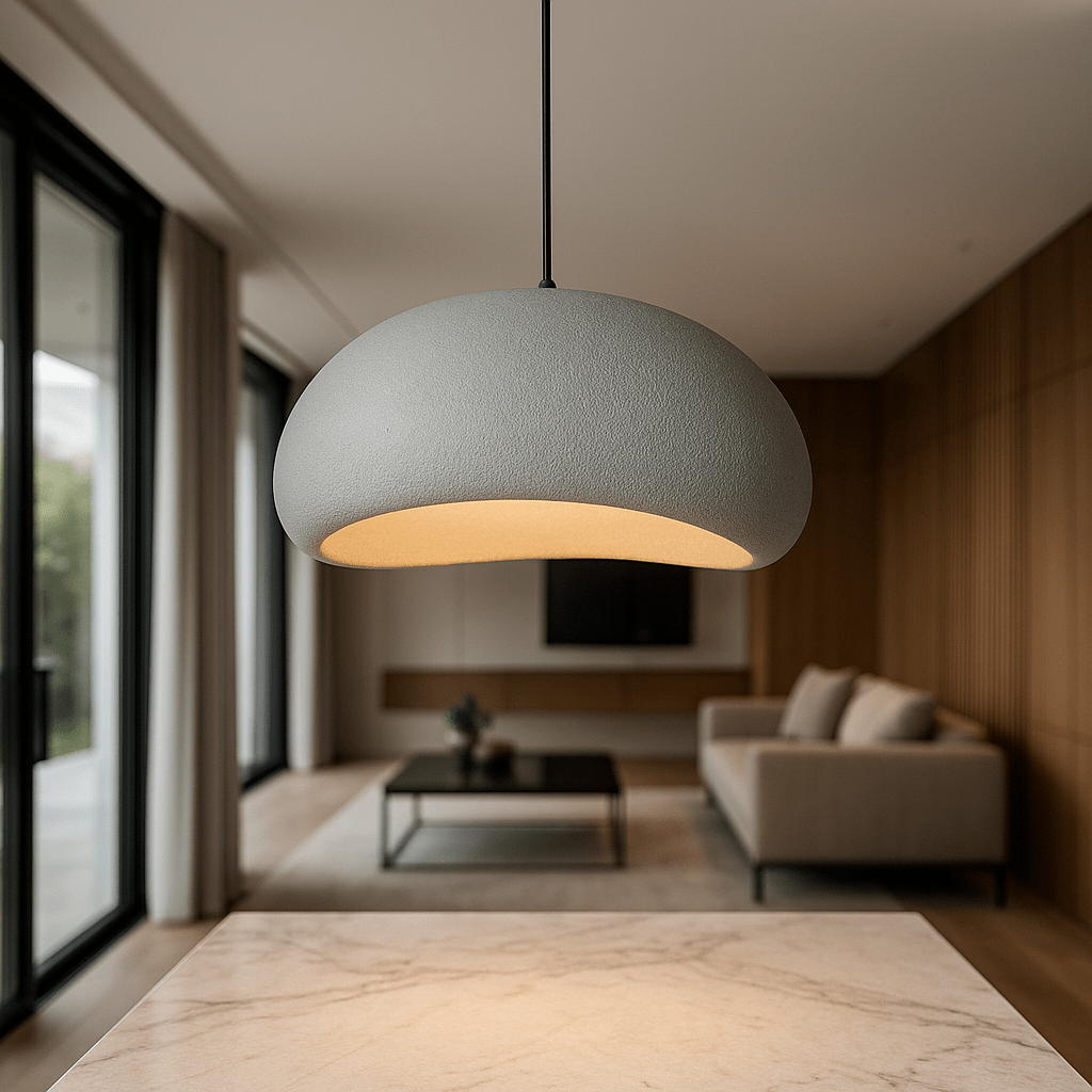 Curved dome pendant light with visible bulb suspended in a modern living room