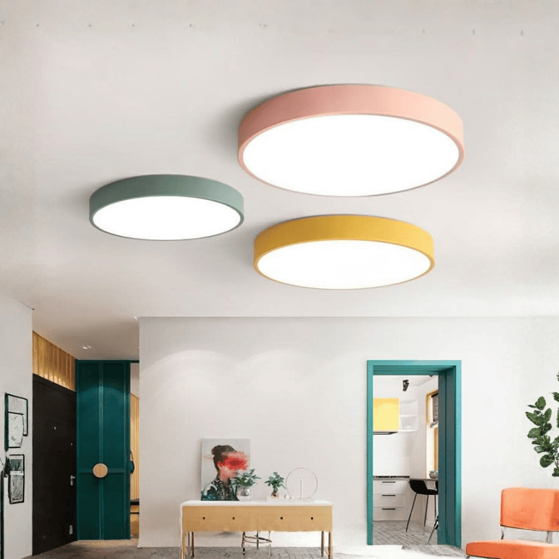 Round flush mount LED ceiling light with a white illuminated panel