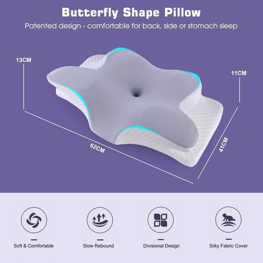 Contoured lavender and white cervical support pillow with navy drawstring carry bag
