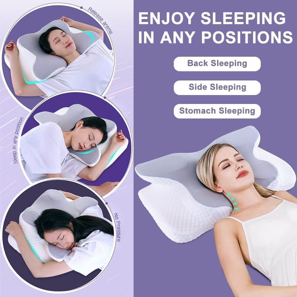 Contoured lavender and white cervical support pillow with navy drawstring carry bag