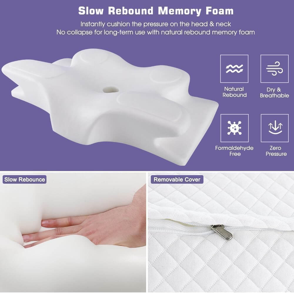 Contoured lavender and white cervical support pillow with navy drawstring carry bag