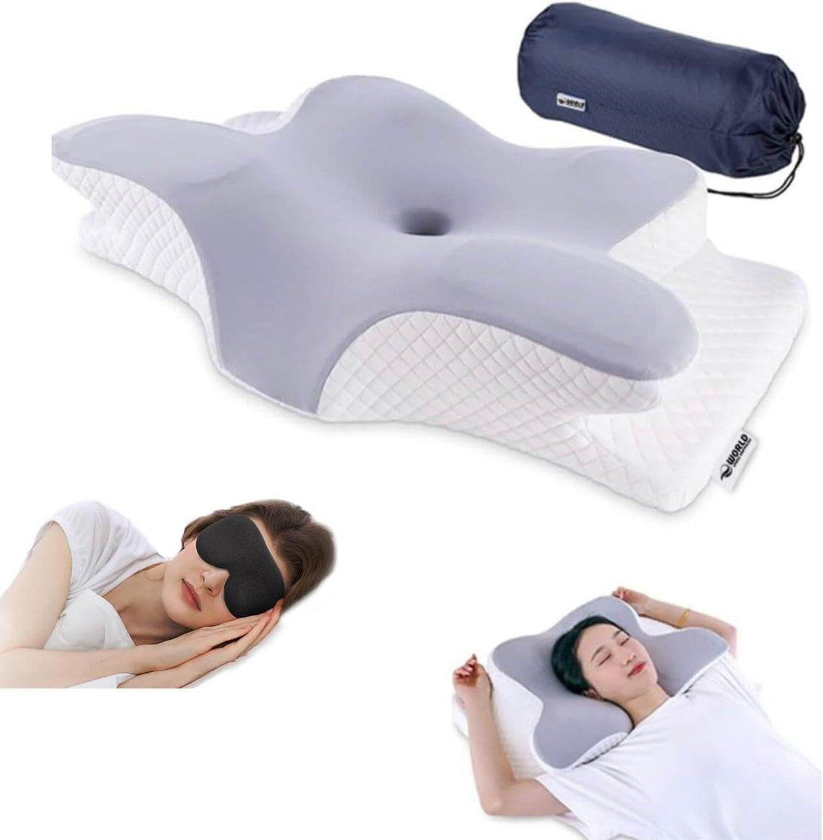 Contoured lavender and white cervical support pillow with navy drawstring carry bag