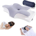 Contoured lavender and white cervical support pillow with navy drawstring carry bag