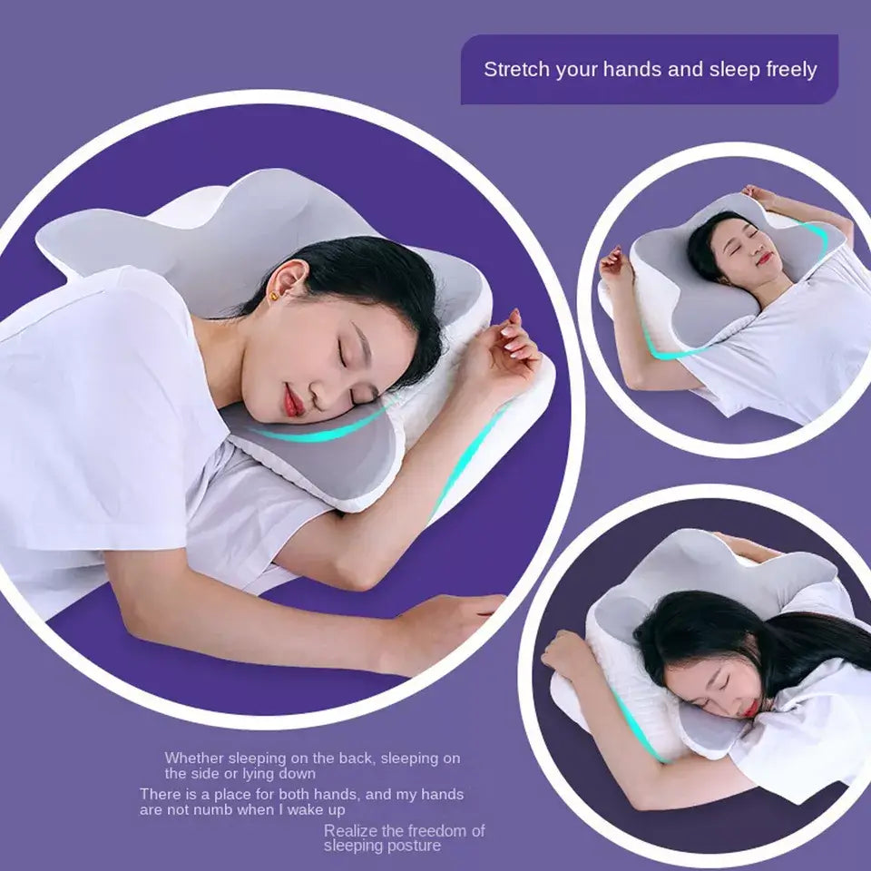 Contoured lavender and white cervical support pillow with navy drawstring carry bag