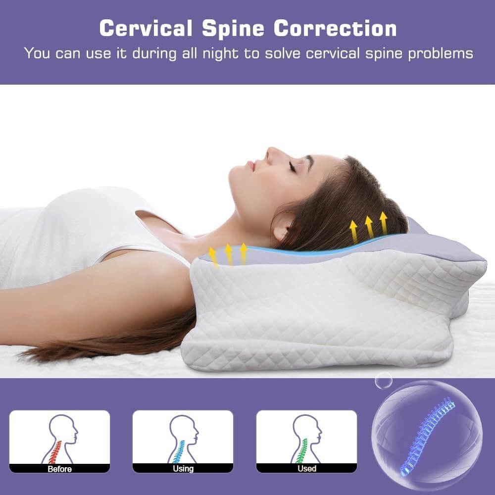 Contoured lavender and white cervical support pillow with navy drawstring carry bag