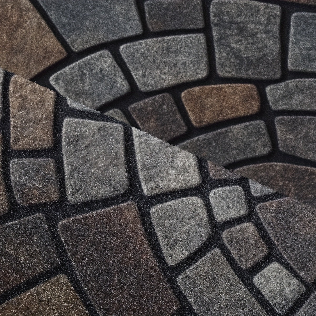 Half-circle gray geometric mosaic door mat at an entryway