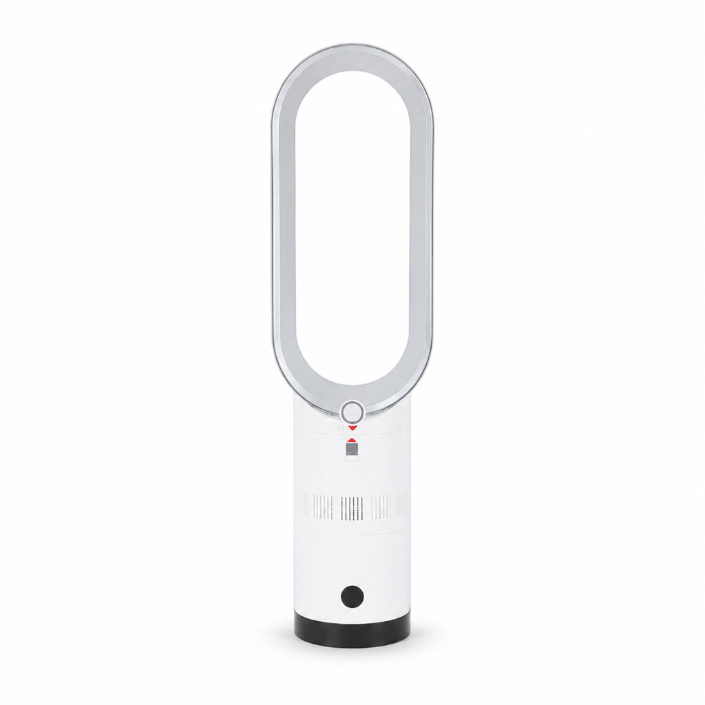 Bladeless tower fan with oval air outlet and cylindrical base