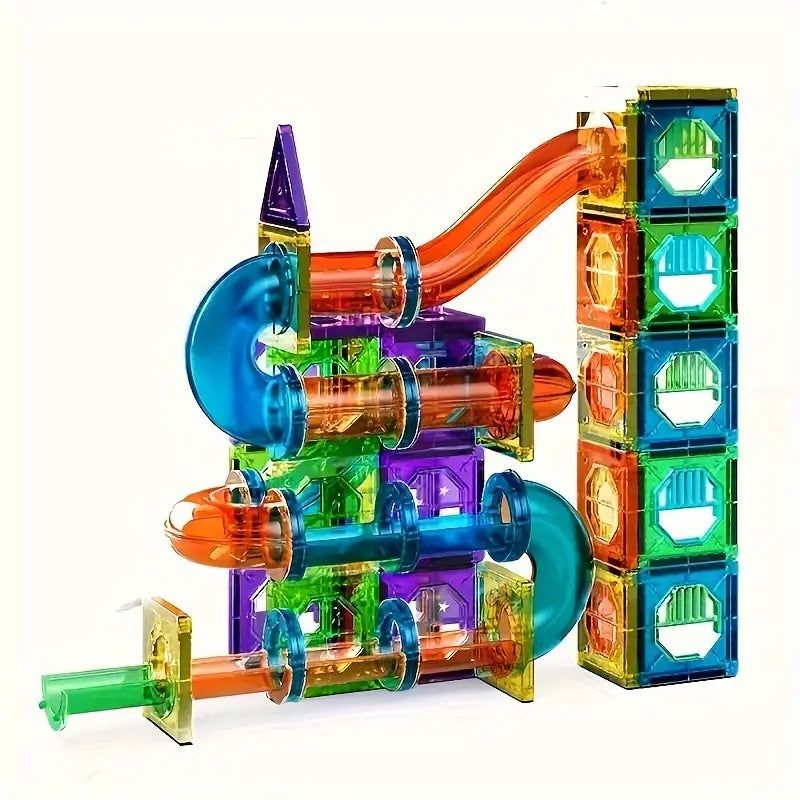 Colourful magnetic building blocks assembled into structures and vehicles