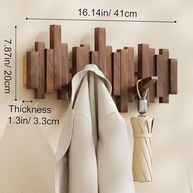 Piano-design wall mounted wooden coat rack with foldable hooks