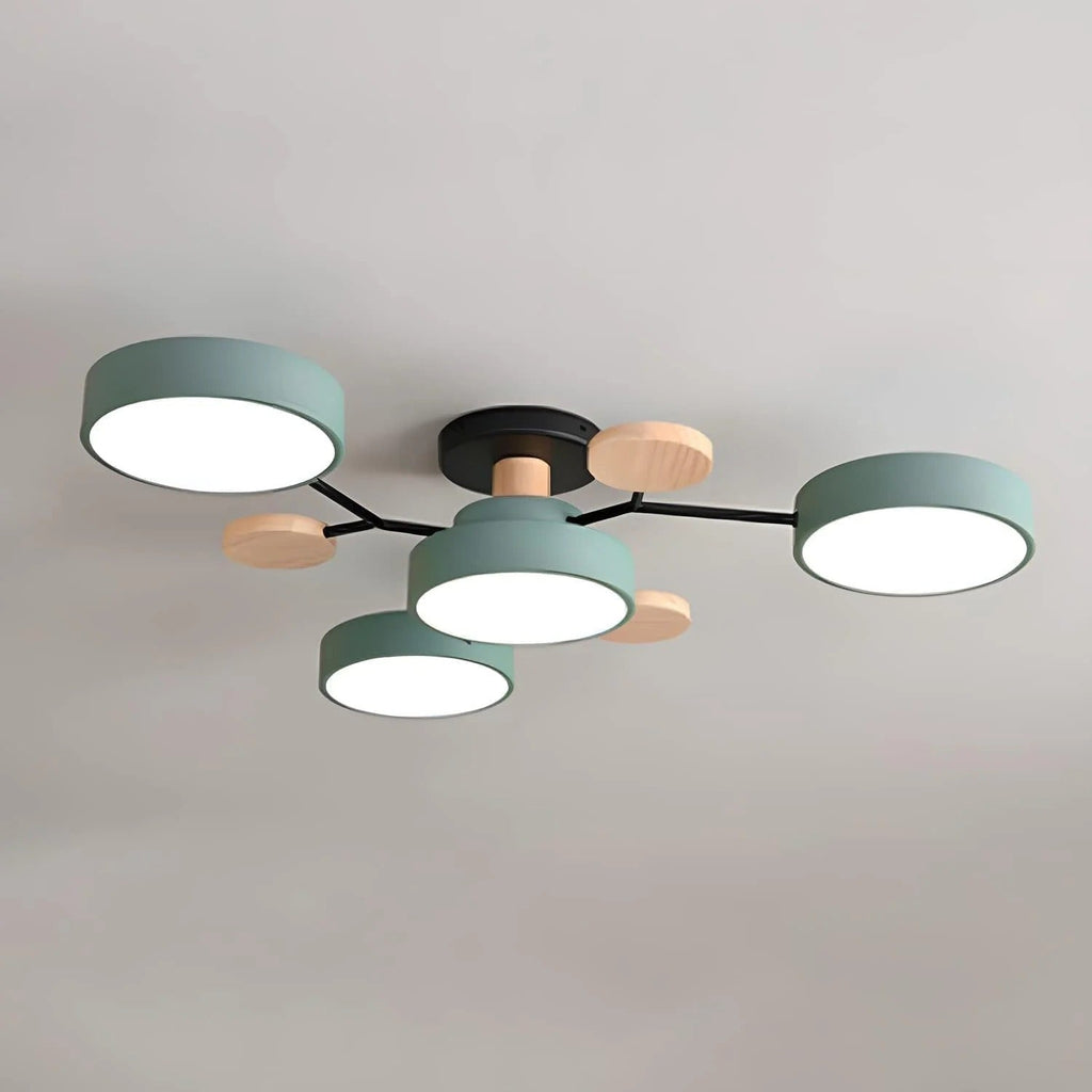 Round semi-flush LED ceiling light with branching frame and wood-effect accents