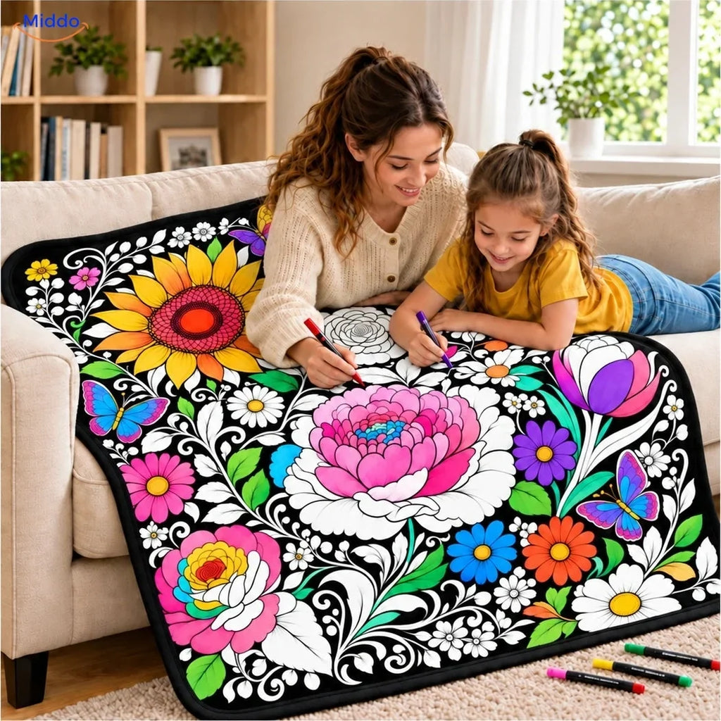 Illustrated colouring blanket with animal and nature scenes