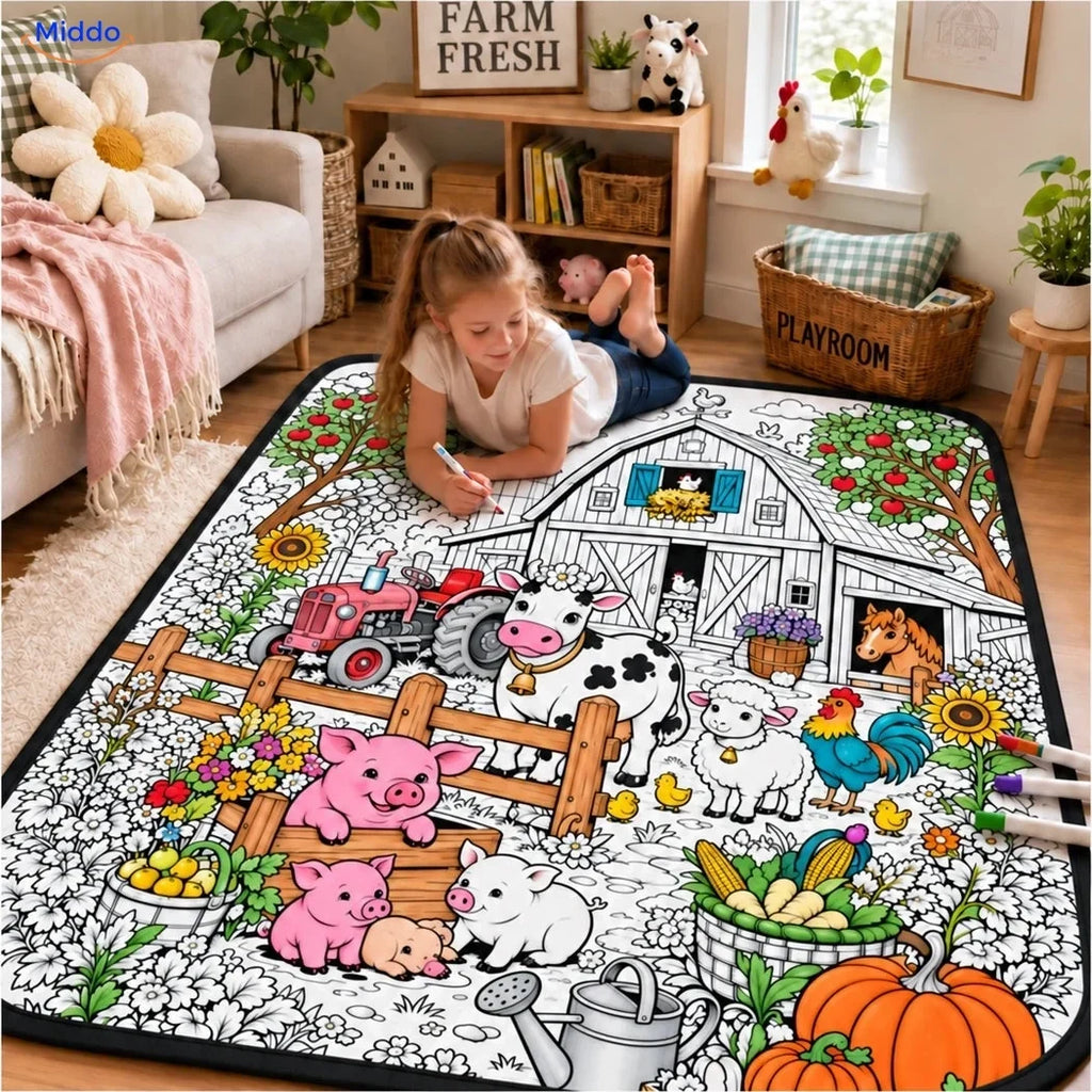 Illustrated colouring blanket with animal and nature scenes
