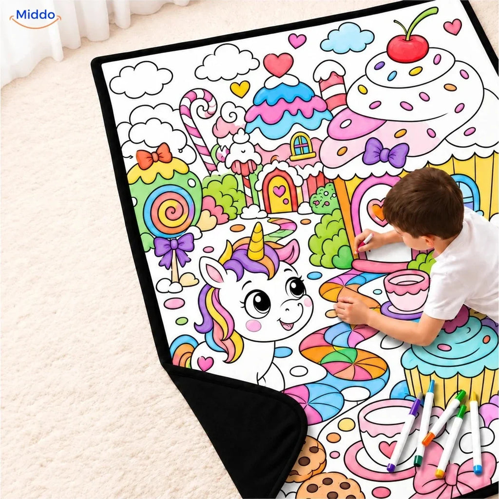 Illustrated colouring blanket with animal and nature scenes