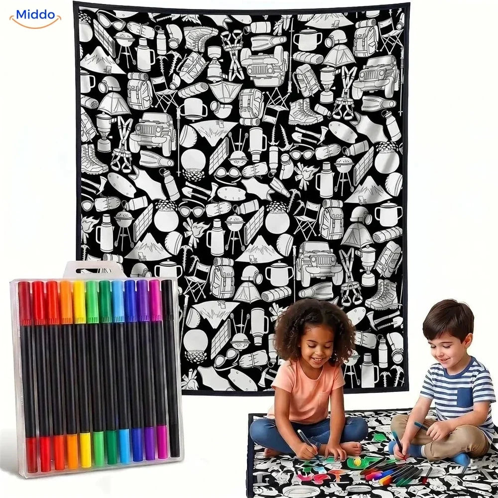 Illustrated colouring blanket with animal and nature scenes